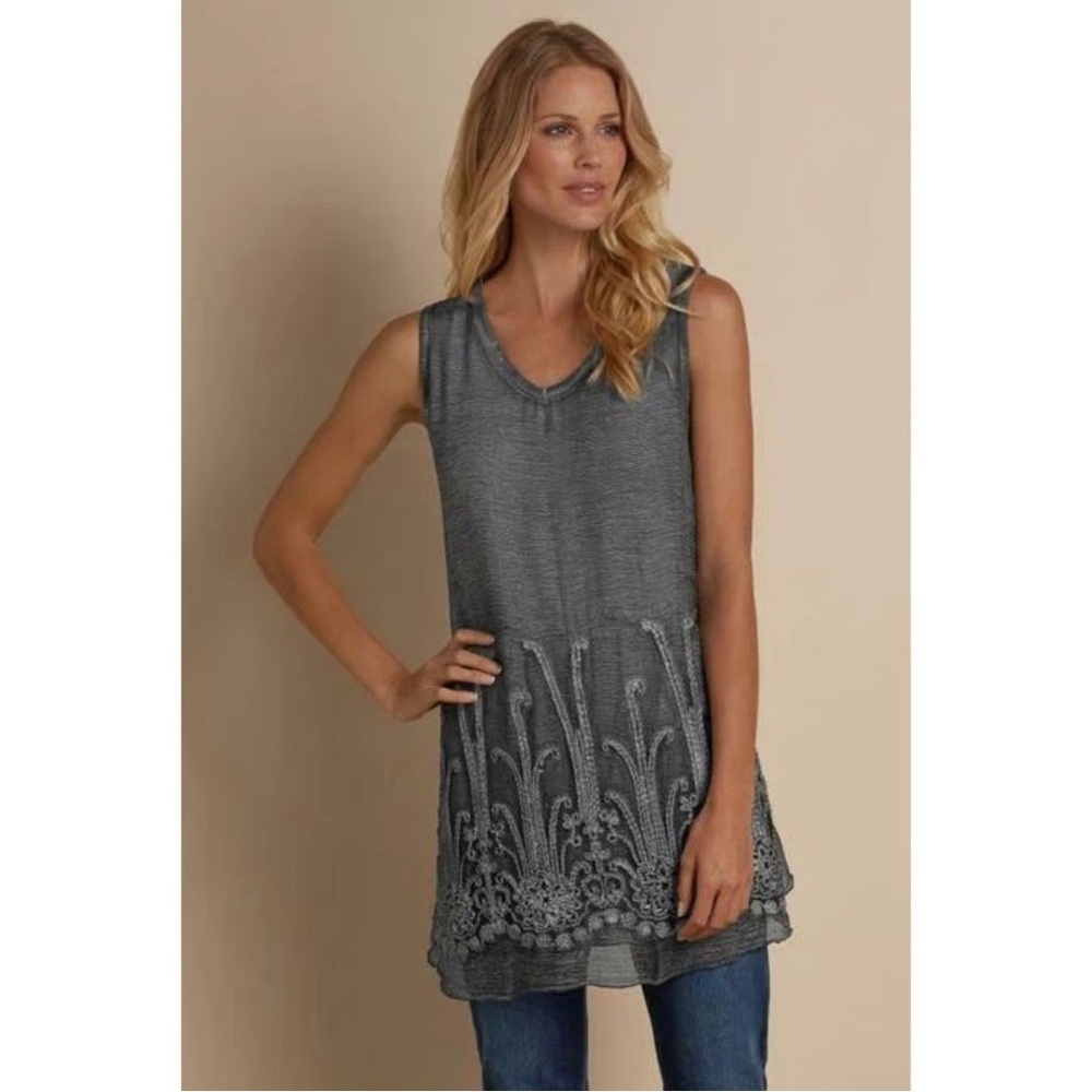 Soft Surroundings Grey 100% Silk Sleeveless Tunic Embroidered Sequins Size XL - Picture 4 of 13